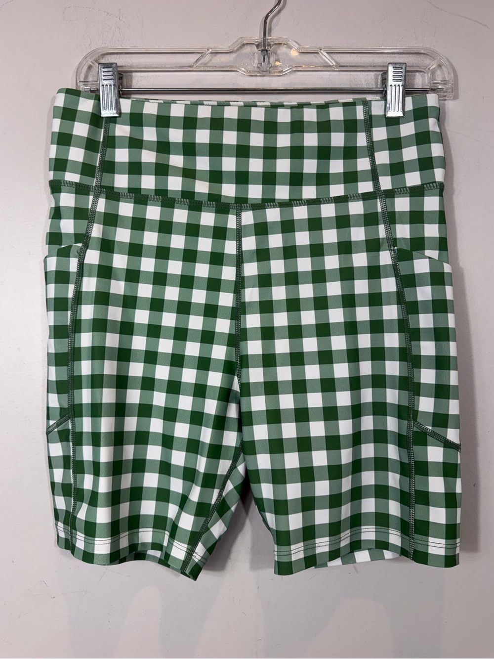 Tuckernuck Green Gingham Check High Rise Biker Shorts Pockets Medium